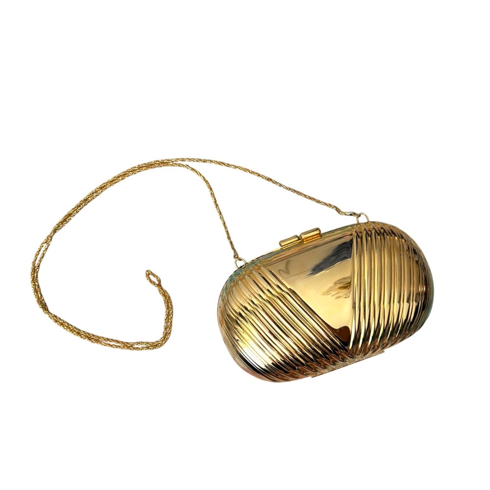 Whiting and Davis Vintage Gold Hard Shell Ribbed Clutch Evening Pill Bag
